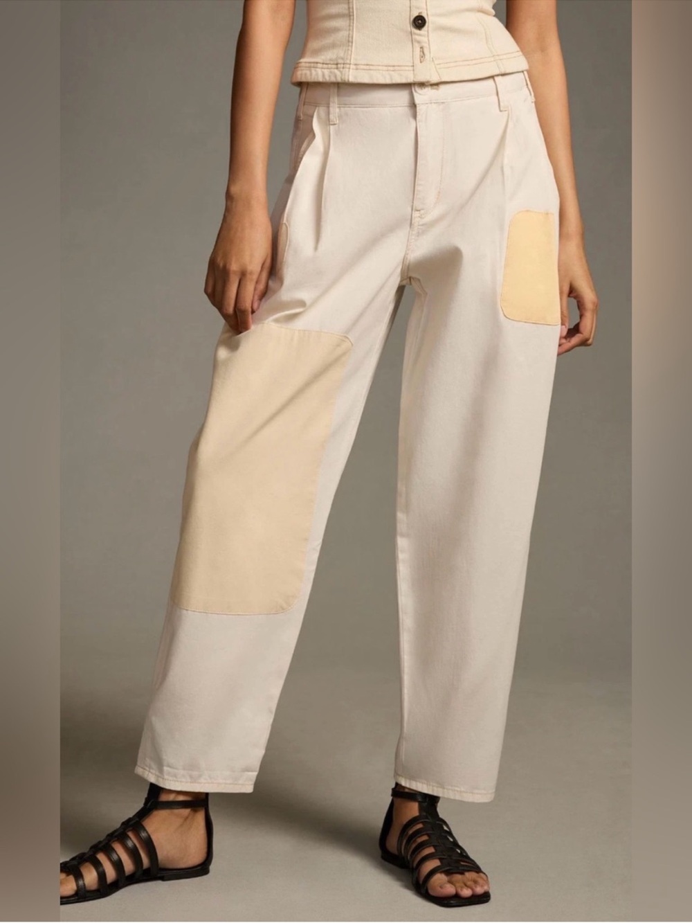 Anthropologie Pilcro Rolled Hem Utility Beige Patch Chinos Barrel Pants